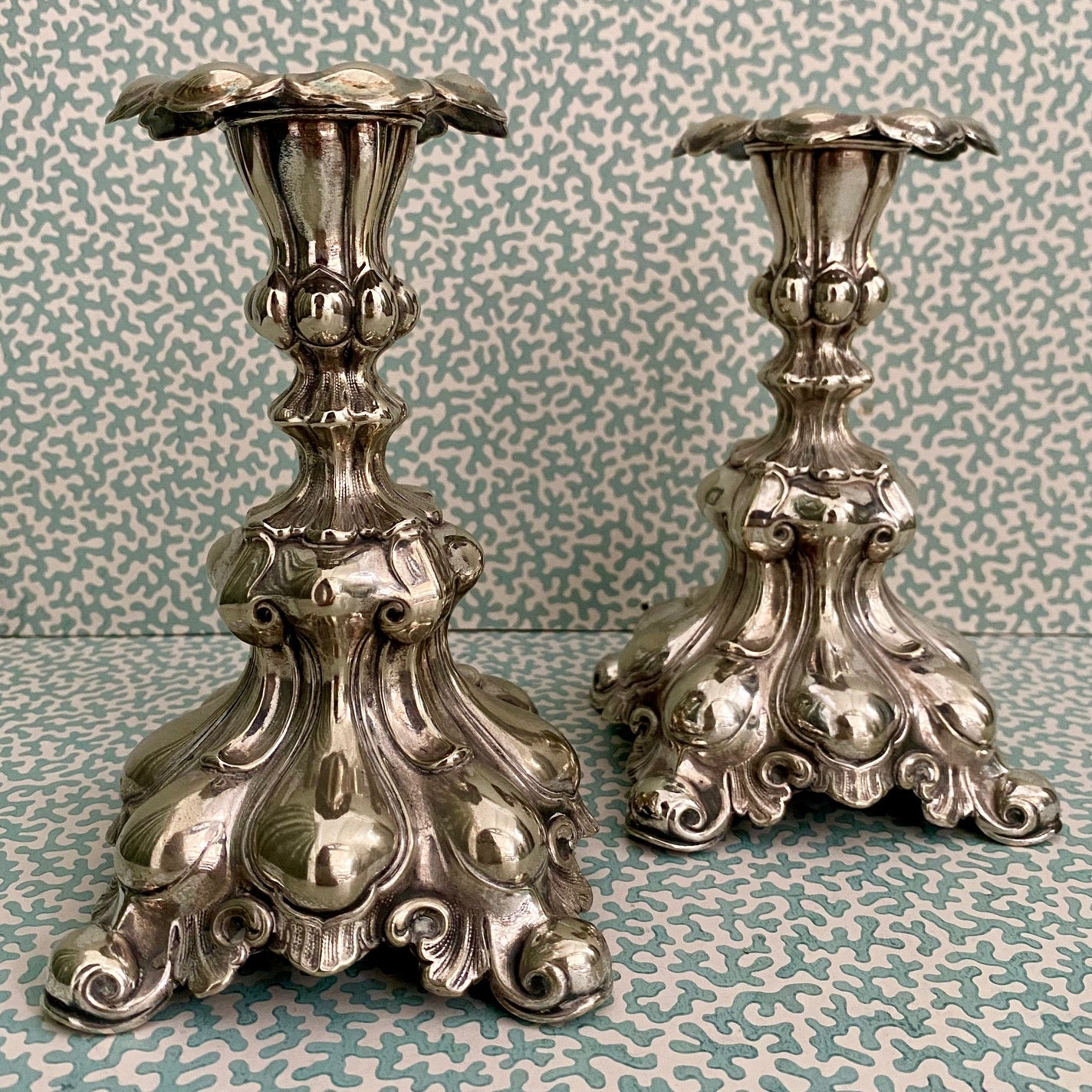 Pair Silver Plated Rococo Candlesticks  H156