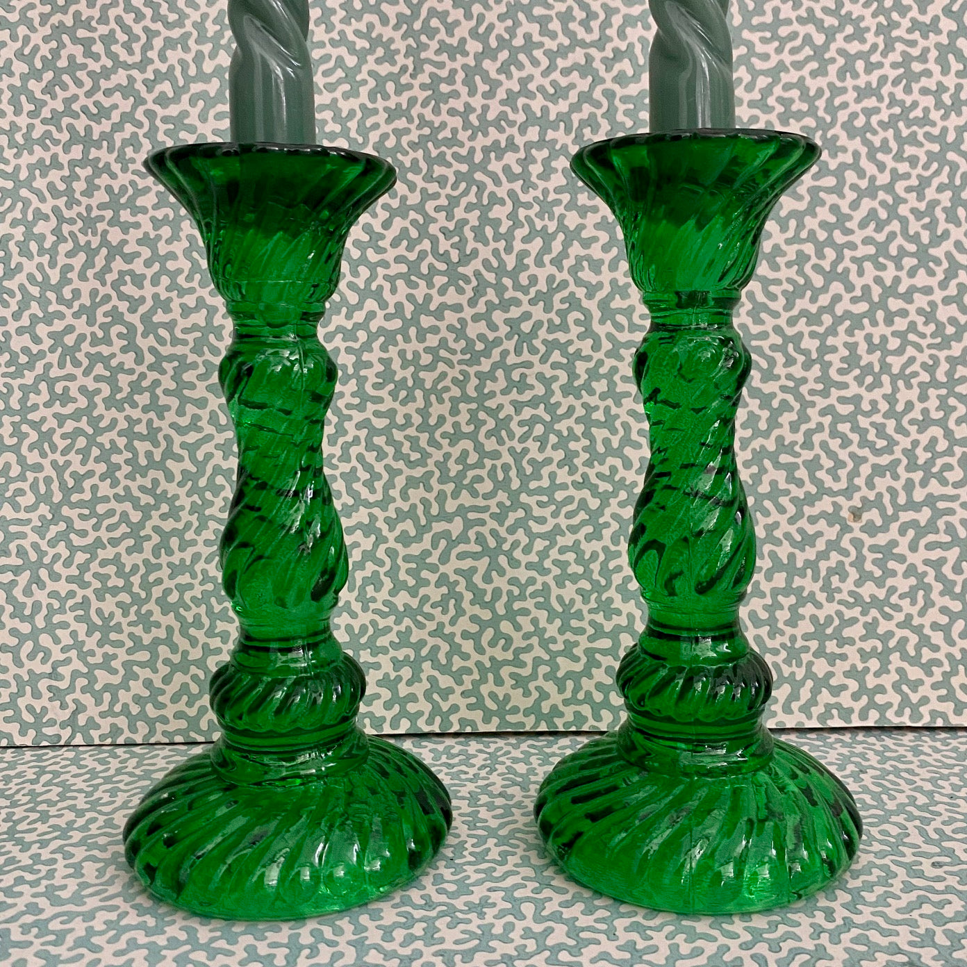 Pair Vintage Green Press Glass Candlesticks  G178