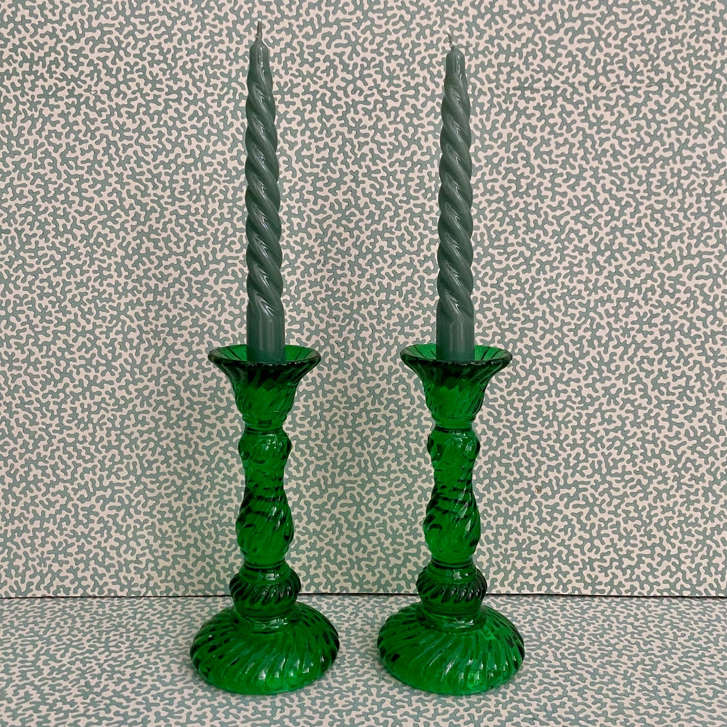 Pair Vintage Green Press Glass Candlesticks  G178