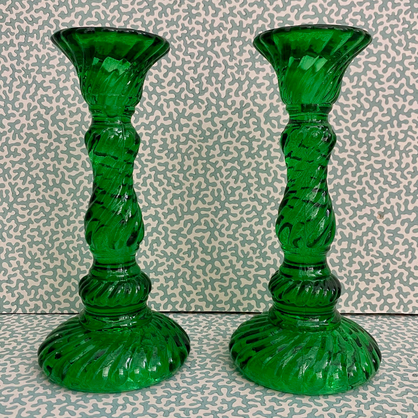 Pair Vintage Green Press Glass Candlesticks  G178