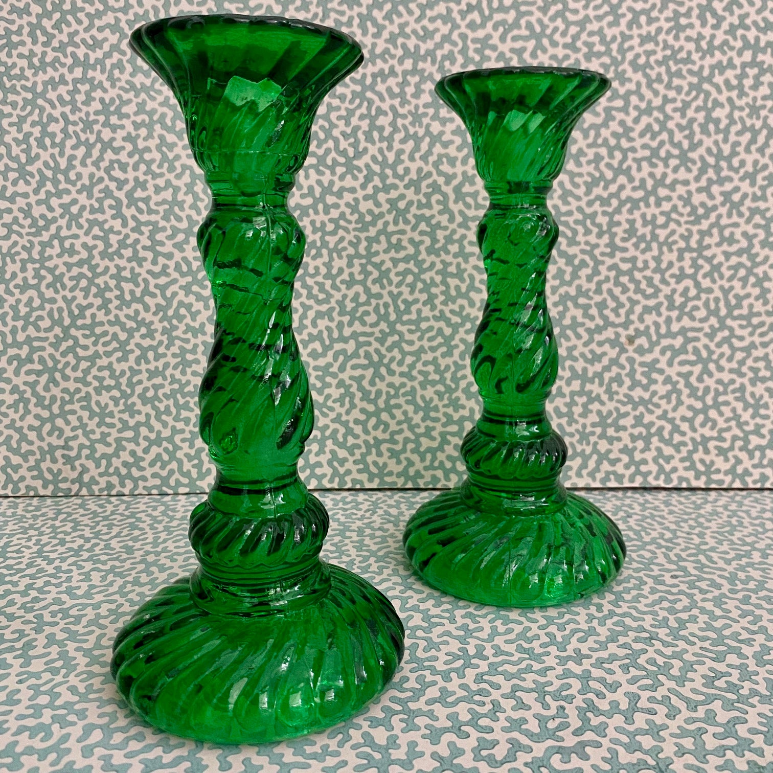 Pair Vintage Green Press Glass Candlesticks  G178
