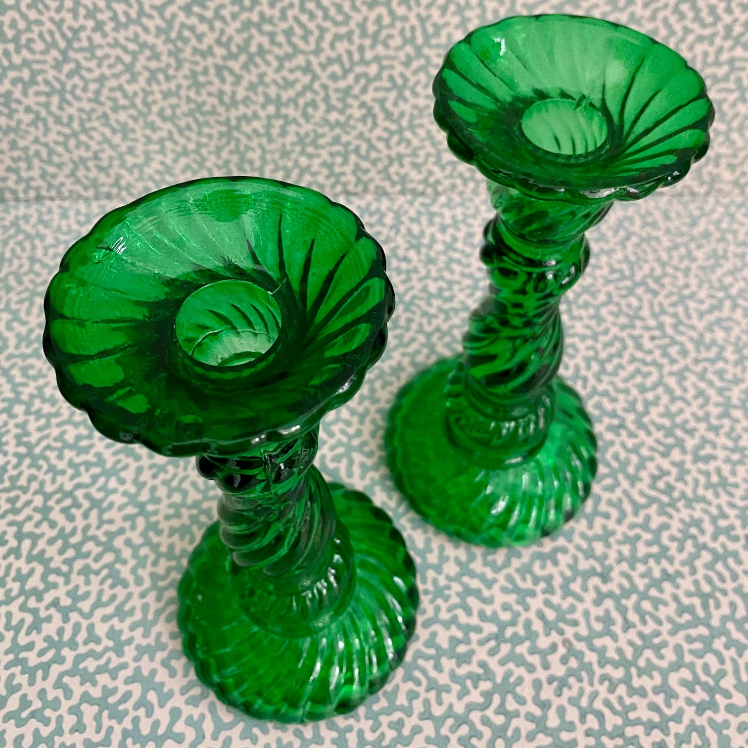 Pair Vintage Green Press Glass Candlesticks  G178