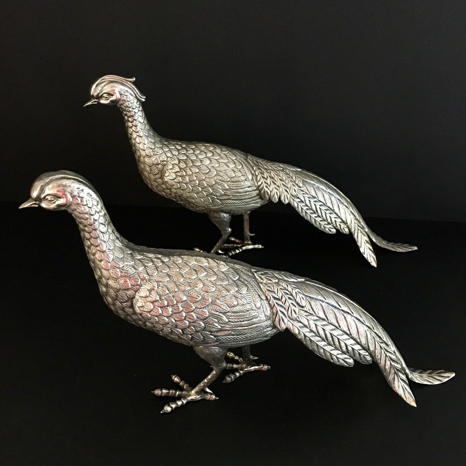 SPECTACULAR PAIR LARGE SPANISH SILVER TABLE PHEASANTS