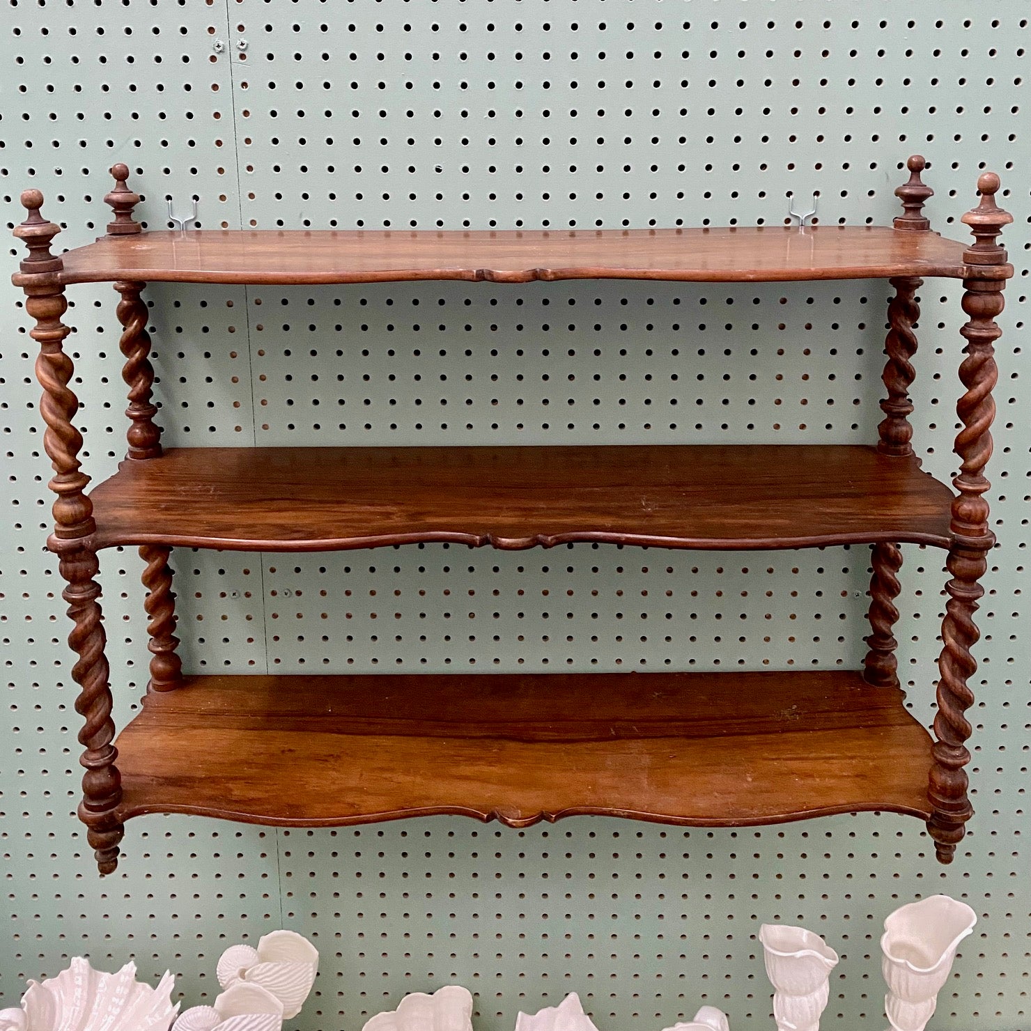 Collection of White Porcelain Shells on French Wooden Hanging Shelves  H180