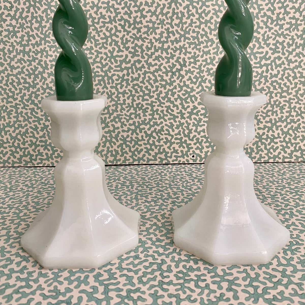 Pair Low Milk Glass Candlesticks  H176