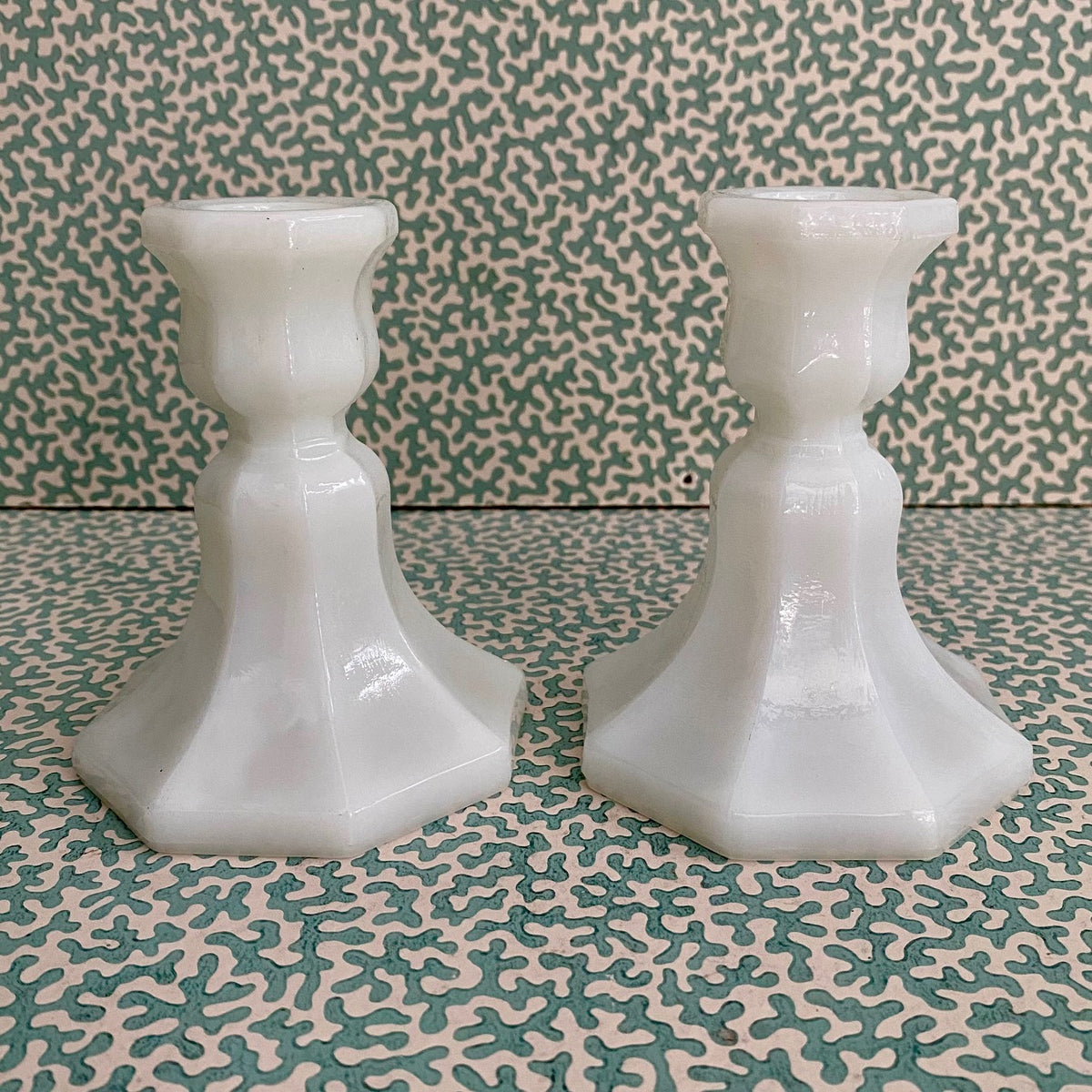 Pair Low Milk Glass Candlesticks  H176