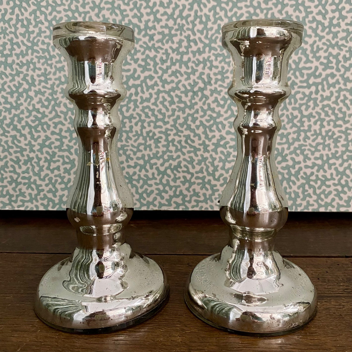 Pair Small Mercury Glass Candlesticks  H198