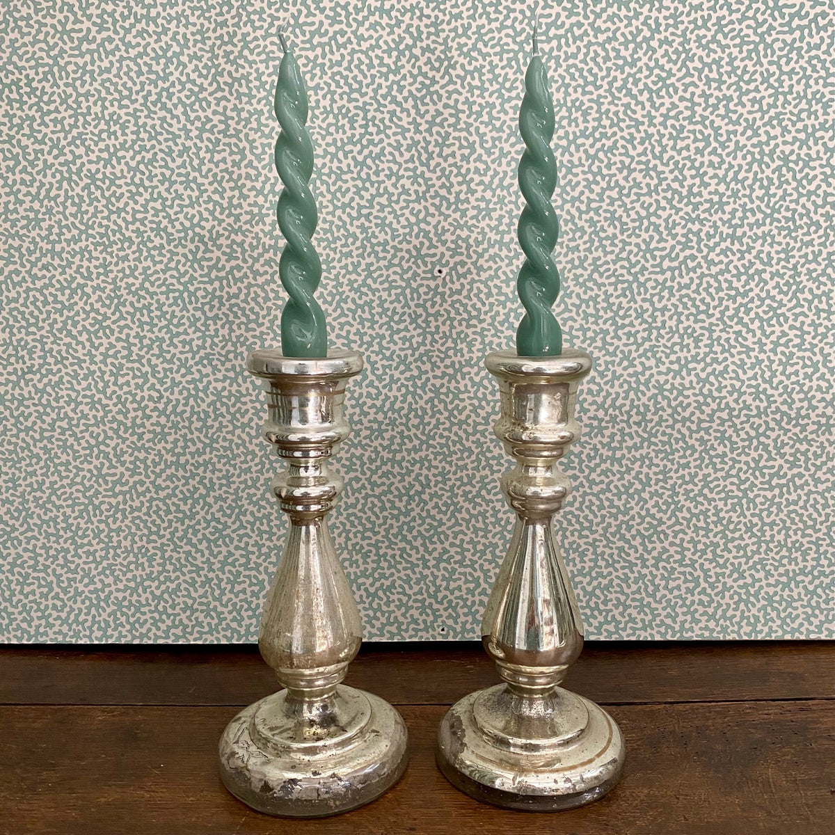 Large Pair Mercury Glass Candlesticks  H196