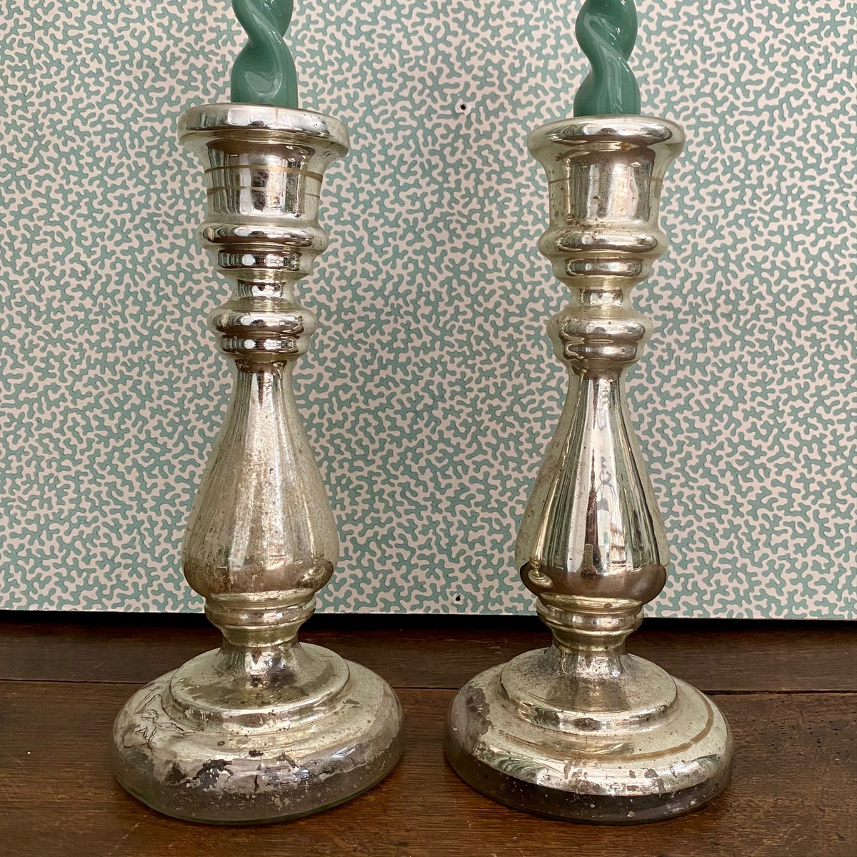 Large Pair Mercury Glass Candlesticks  H196