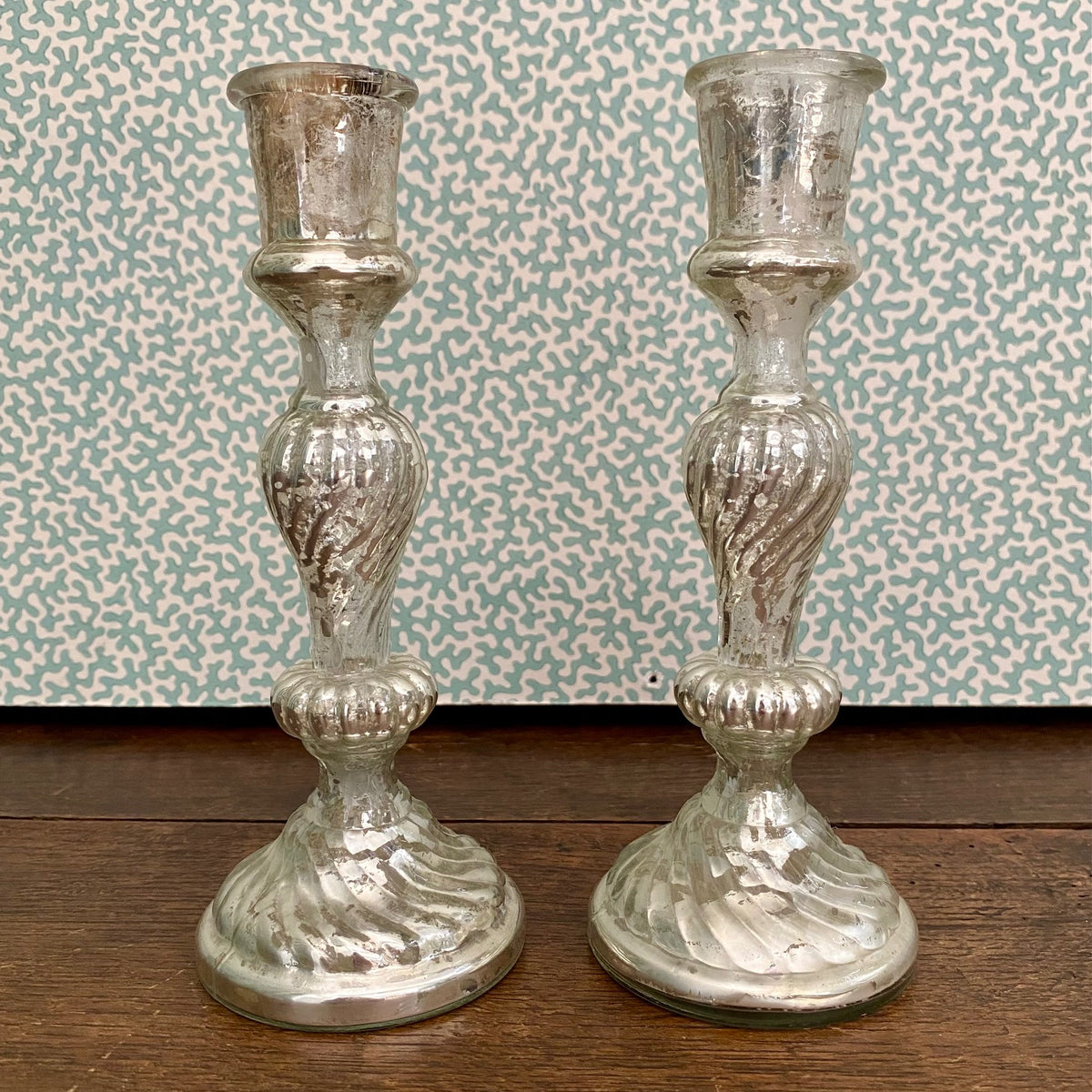 Pair Small French Mercury Glass Candlesticks  H197