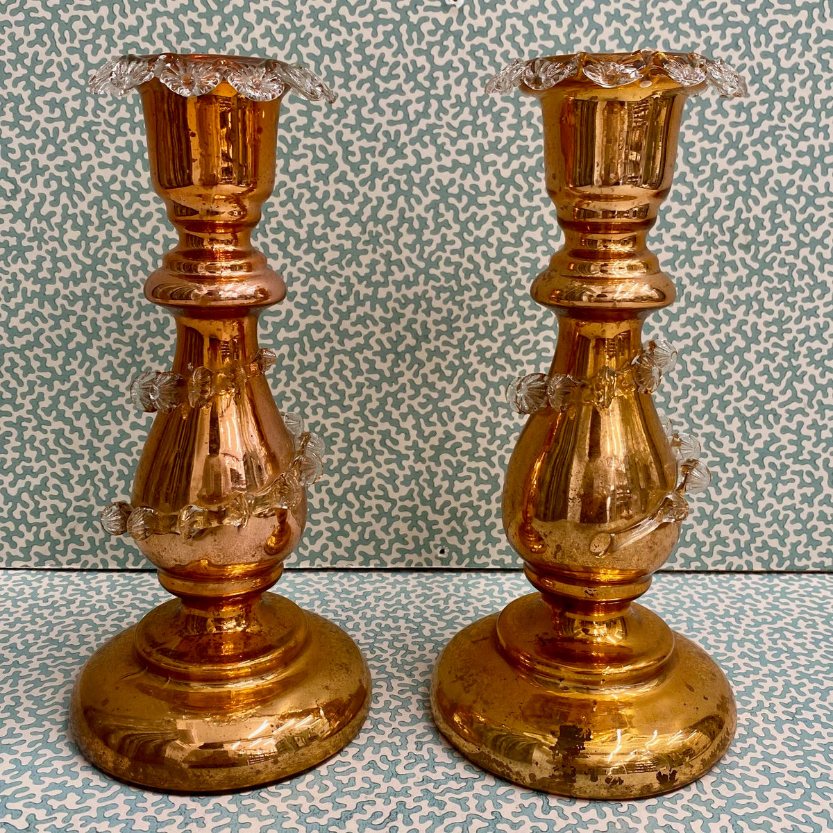 Pair Rare Orange Mercury Glass Candlesticks  H190