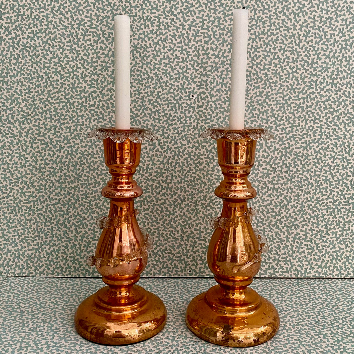 Pair Rare Orange Mercury Glass Candlesticks  H190