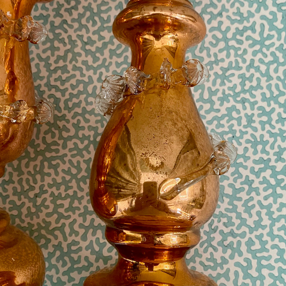 Pair Rare Orange Mercury Glass Candlesticks  H190