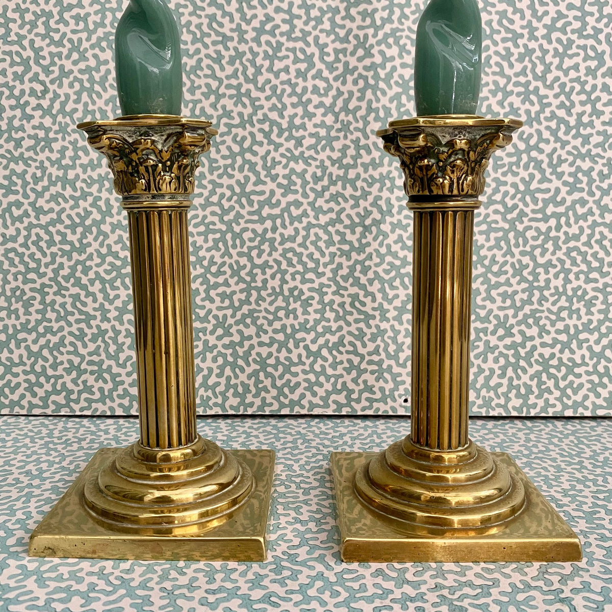 Pair Elegant Brass Column Candlesticks  G105
