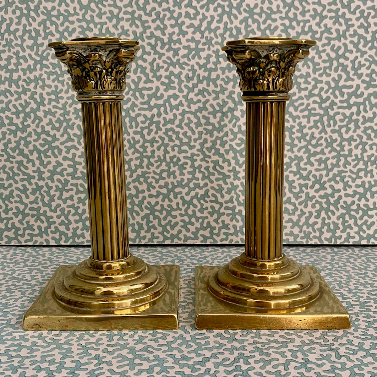 Pair Elegant Brass Column Candlesticks  G105
