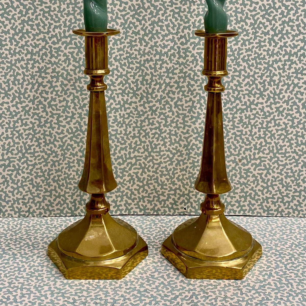 Pair Victorian Brass Candlesticks on Hexagonal Bases  F174