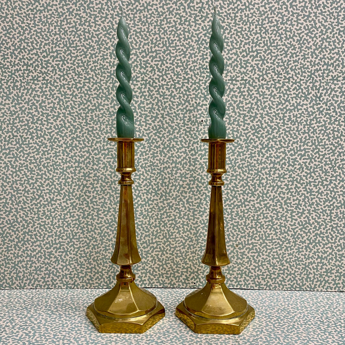 Pair Victorian Brass Candlesticks on Hexagonal Bases  F174