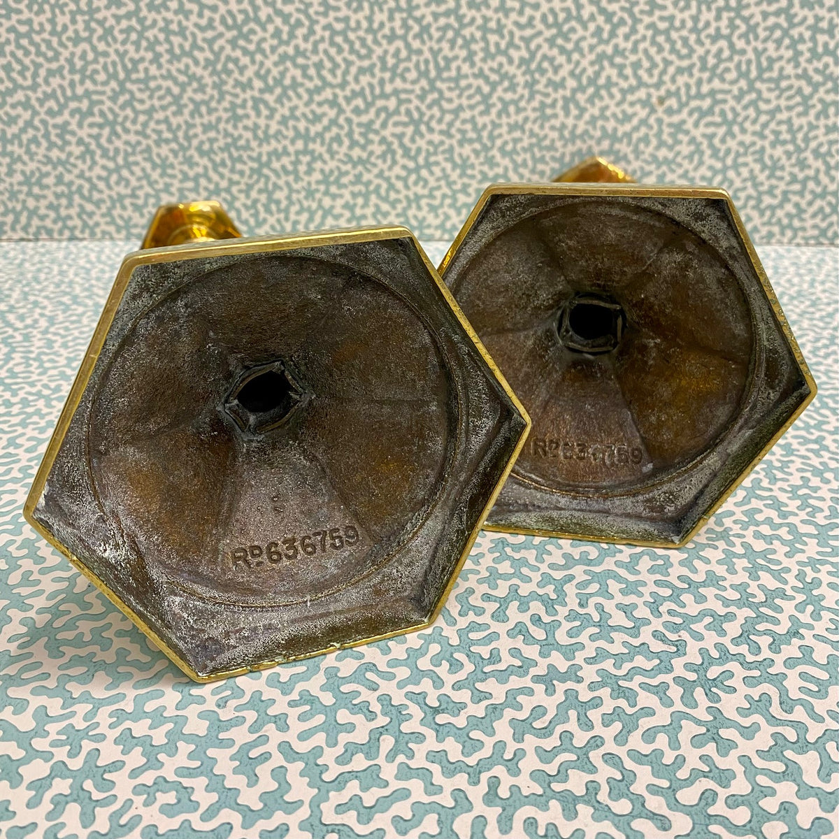 Pair Victorian Brass Candlesticks on Hexagonal Bases  F174