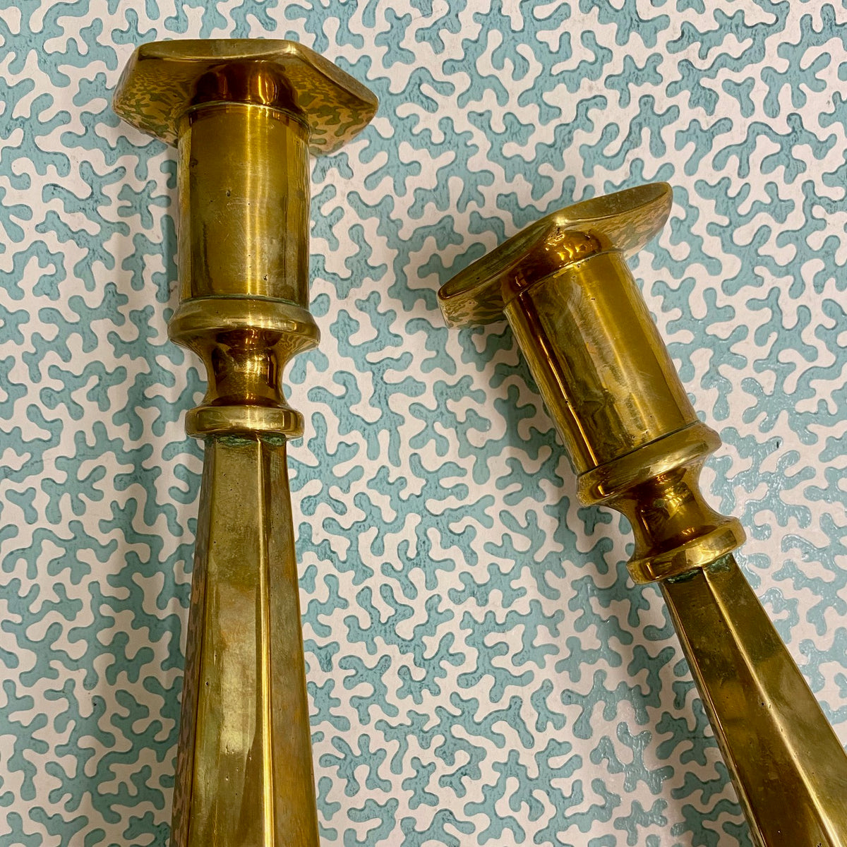 Pair Victorian Brass Candlesticks on Hexagonal Bases  F174