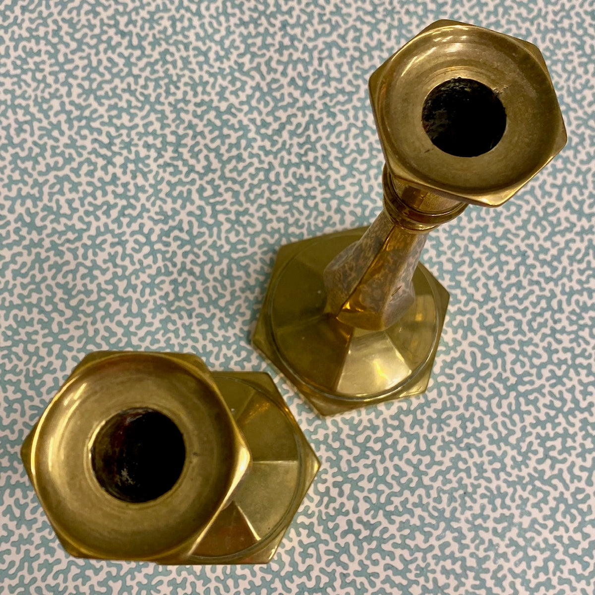 Pair Victorian Brass Candlesticks on Hexagonal Bases  F174