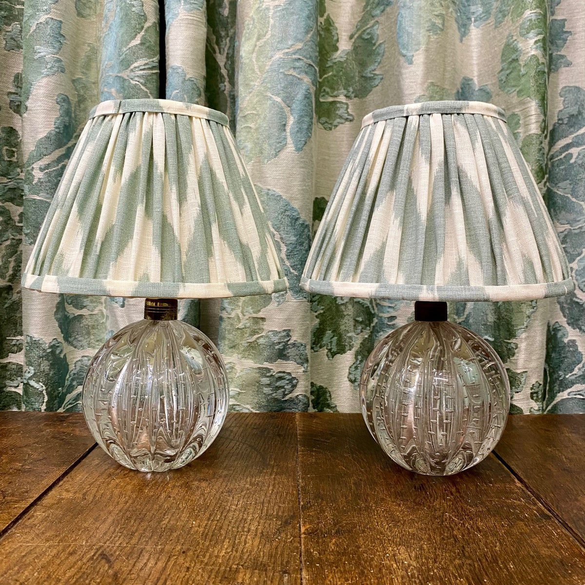 Pair Small Clear Murano Ribbed Pumpkin Lamps  D165