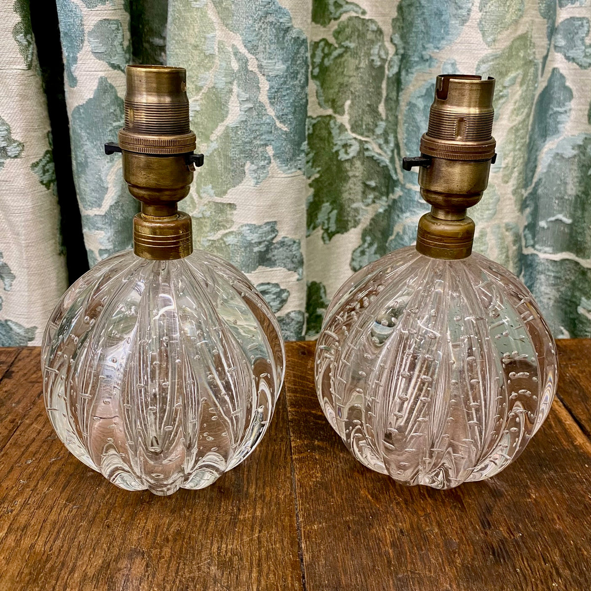 Pair Small Clear Murano Ribbed Pumpkin Lamps  D165