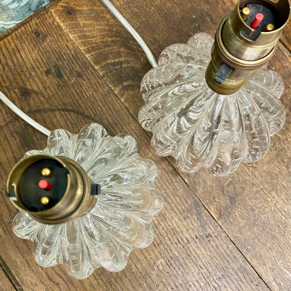 Pair Small Clear Murano Ribbed Pumpkin Lamps  D165
