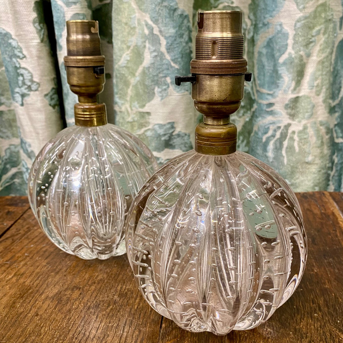 Pair Small Clear Murano Ribbed Pumpkin Lamps  D165