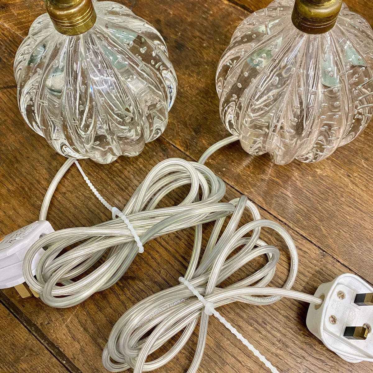 Pair Small Clear Murano Ribbed Pumpkin Lamps  D165