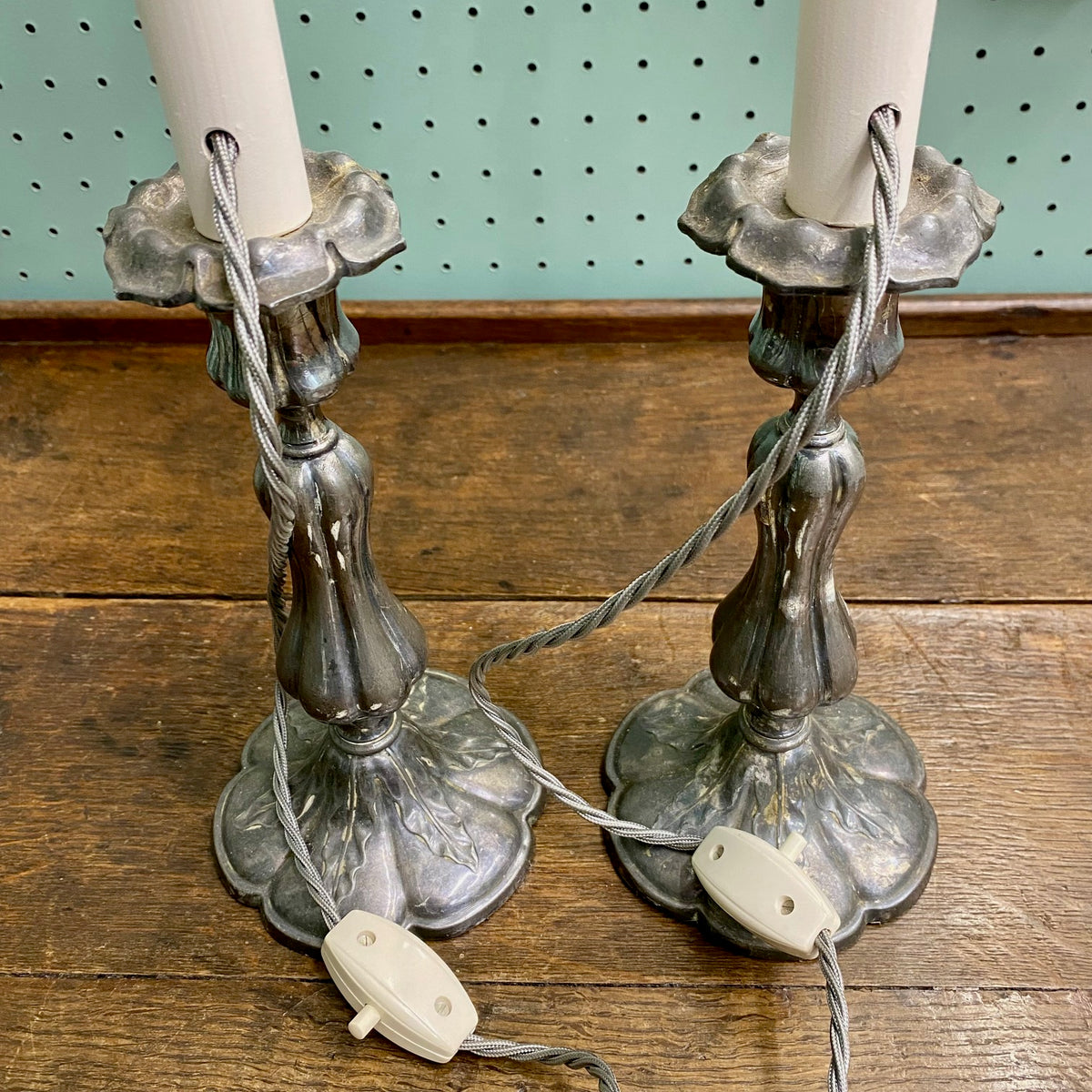 Pair Pewter Candlestick Table Lamps  J109