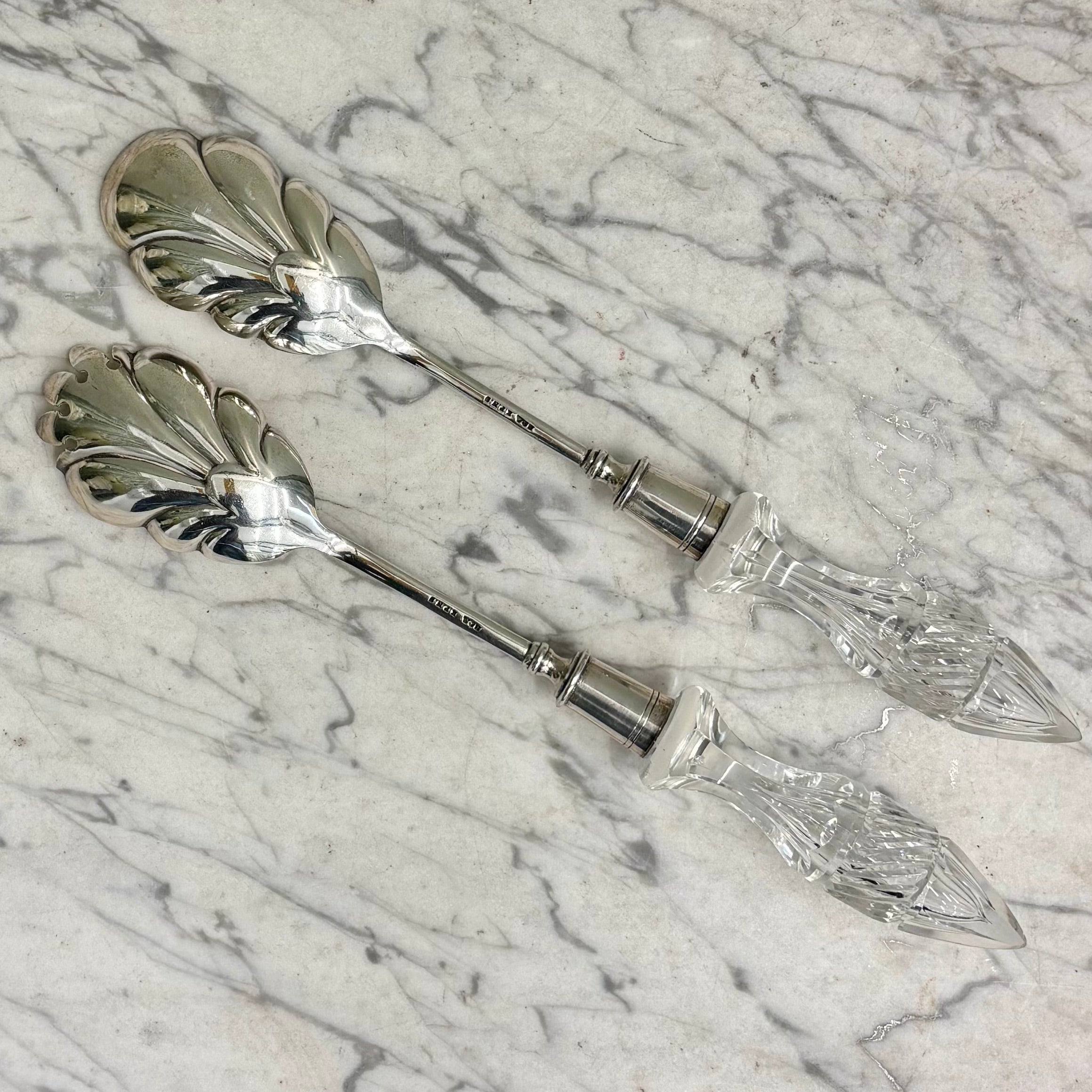Pair Antique Silver Servers with Decorative Glass Handles U27