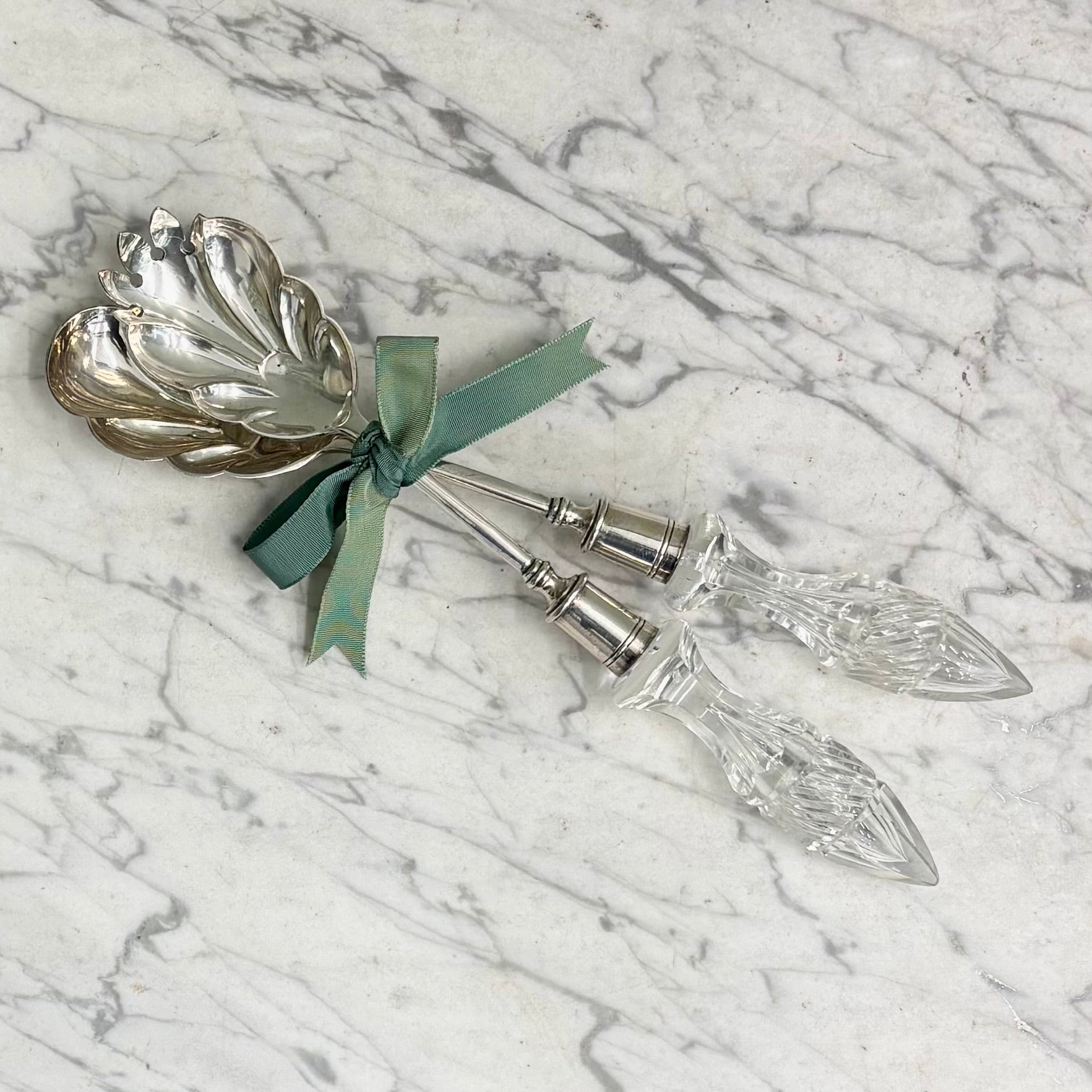 Pair Antique Silver Servers with Decorative Glass Handles U27