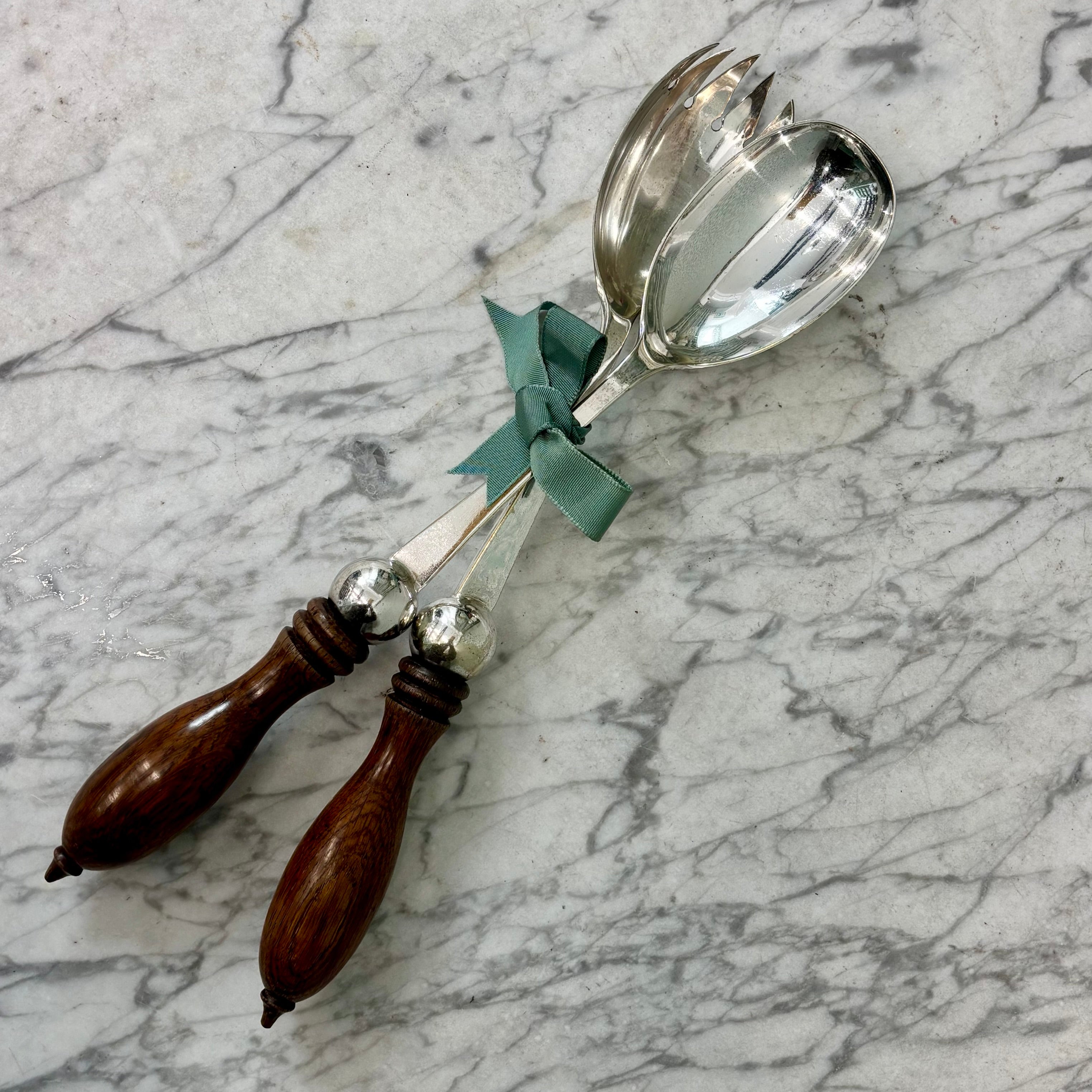 Pair Antique Silver Plated Servers with Turned Wooden Handles W11