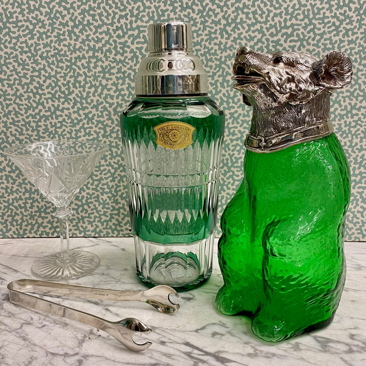 Rare 1950'S Val St. Lambert Green Crystal Cocktail Shaker  H181
