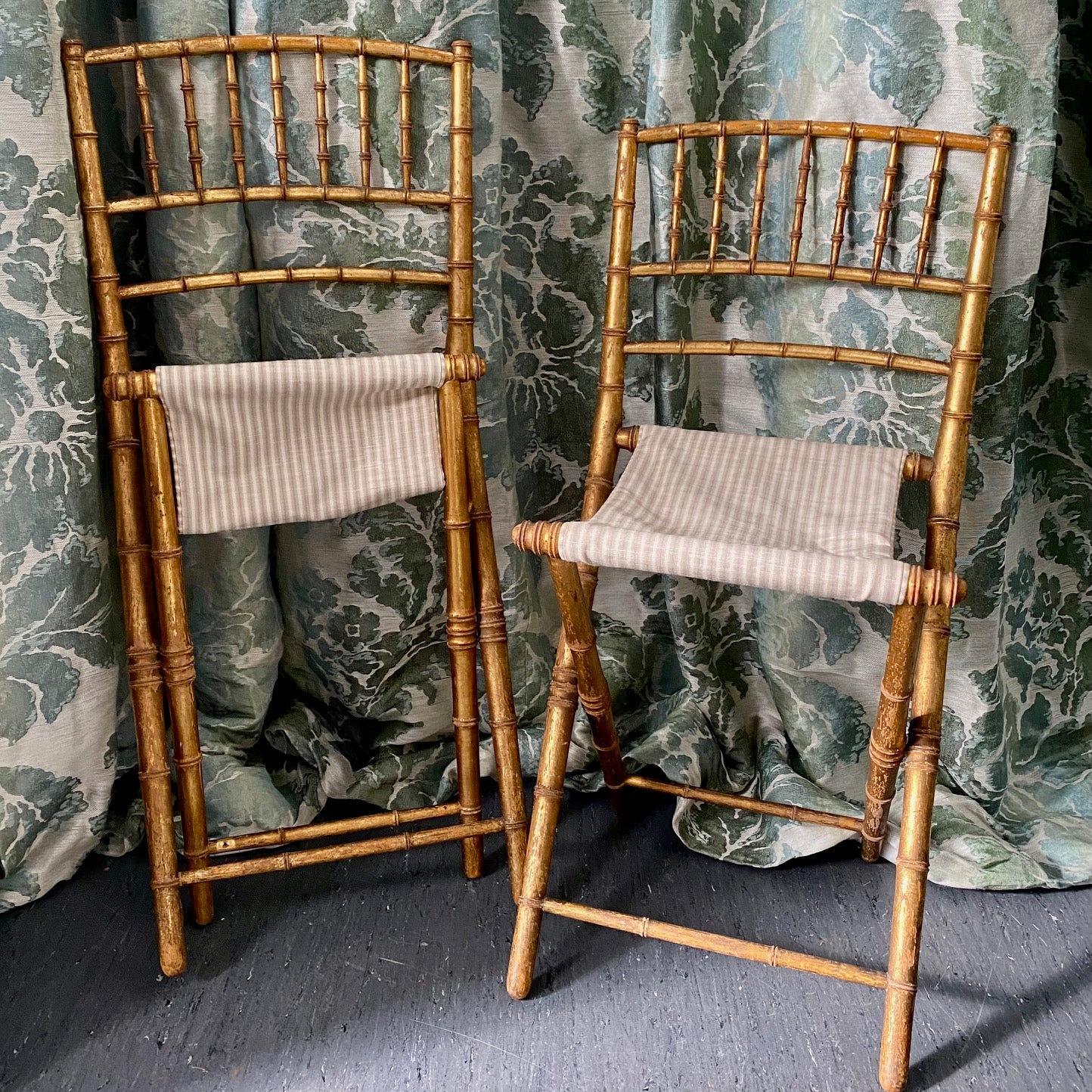 Pair Folding French Antique Gilt Bamboo Chairs