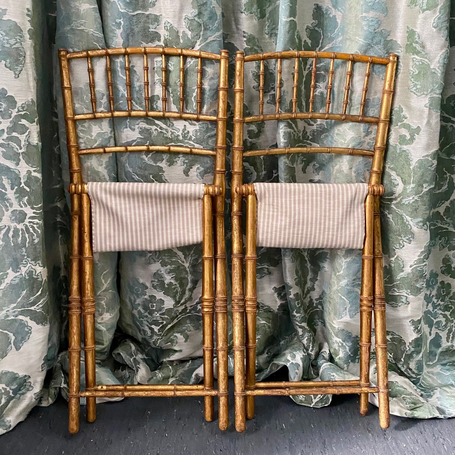 Pair Folding French Antique Gilt Bamboo Chairs