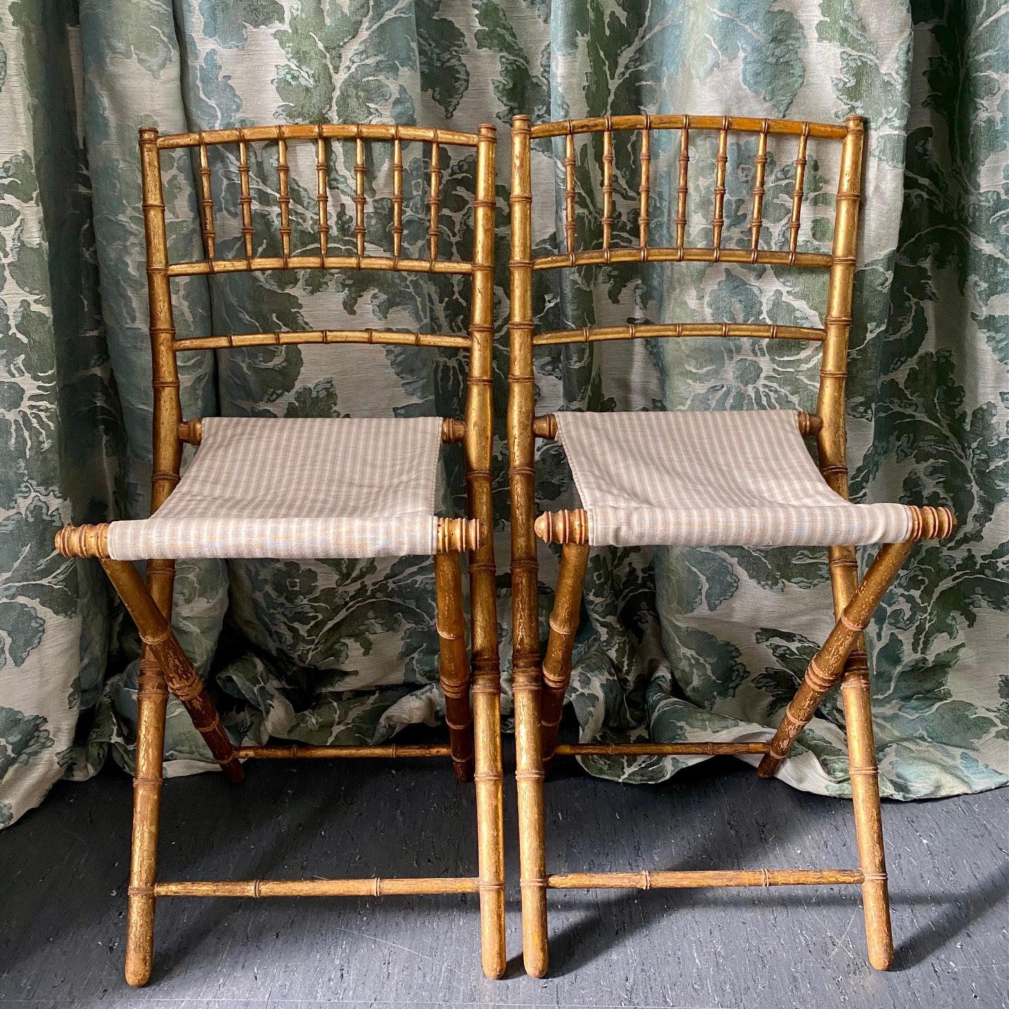 Pair Folding French Antique Gilt Bamboo Chairs