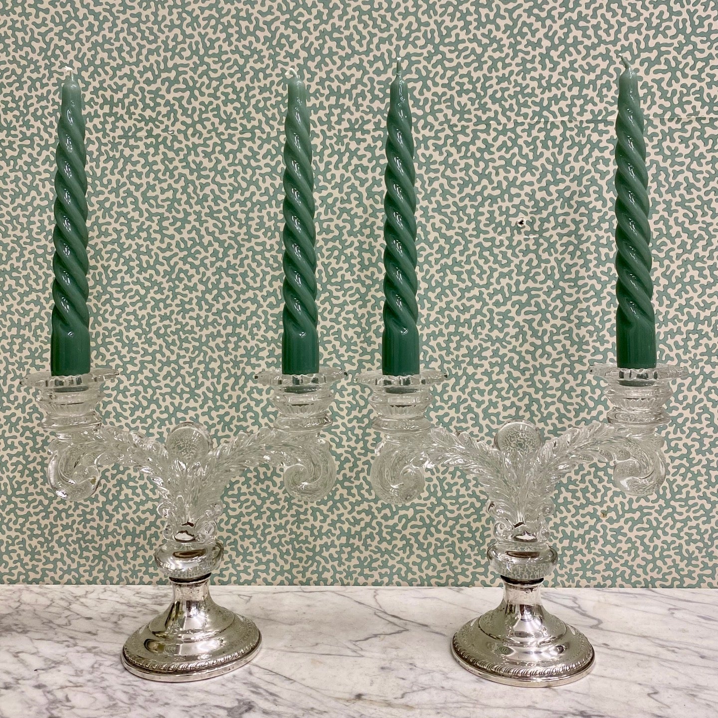 Pair American Double Arm Glass Candlesticks with Silver Bases