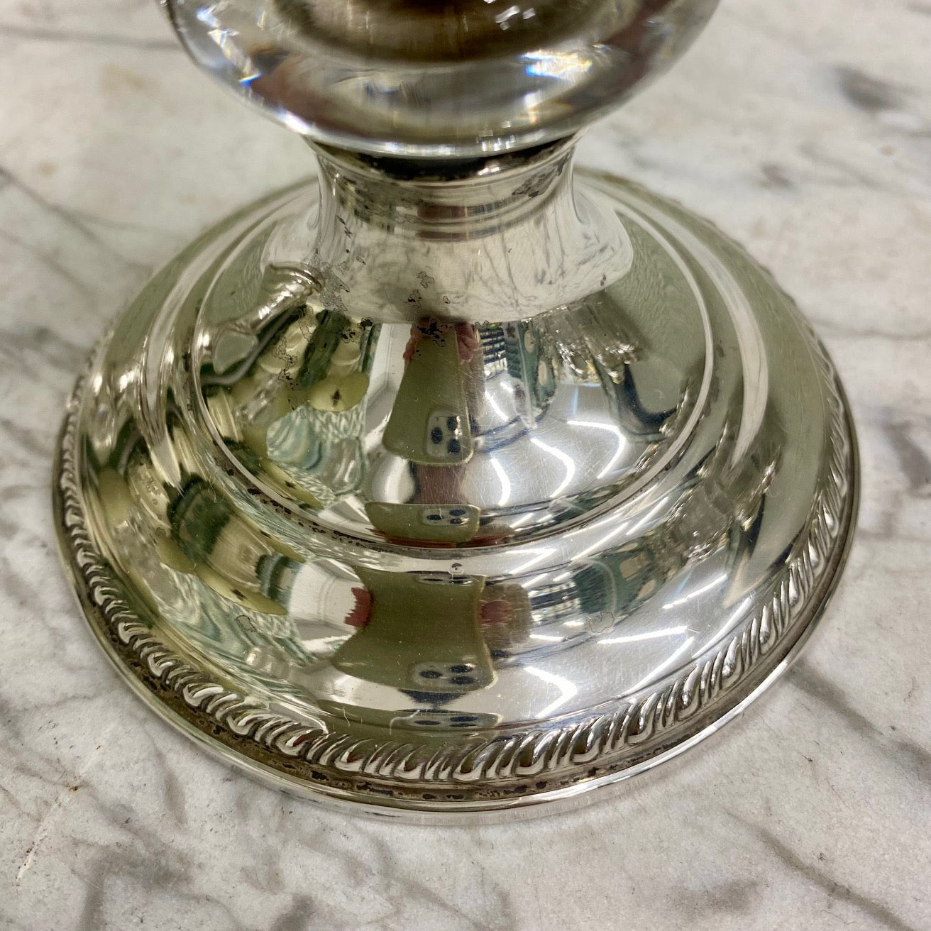 Pair American Double Arm Glass Candlesticks with Silver Bases