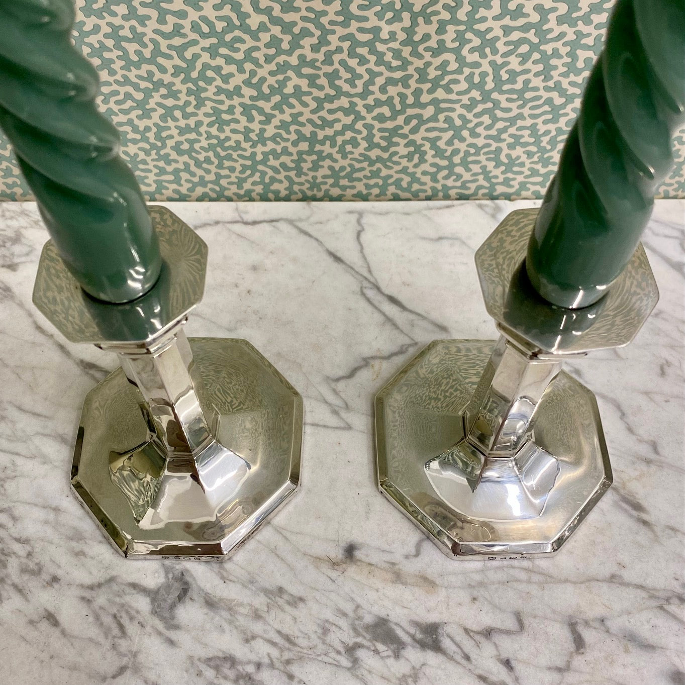 Pair Sterling Silver Octagonal Candlesticks