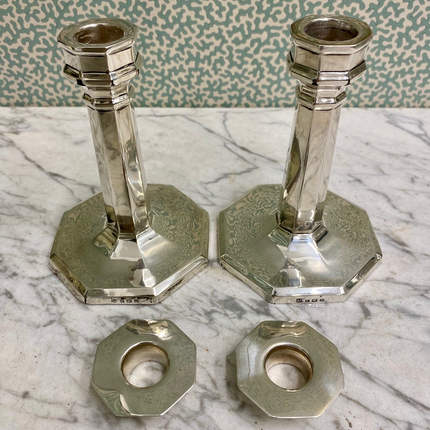 Pair Sterling Silver Octagonal Candlesticks