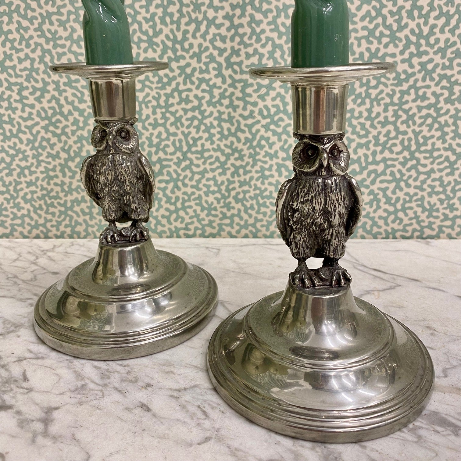 A Rare Pair of Irish Pewter, Owl Candlesticks