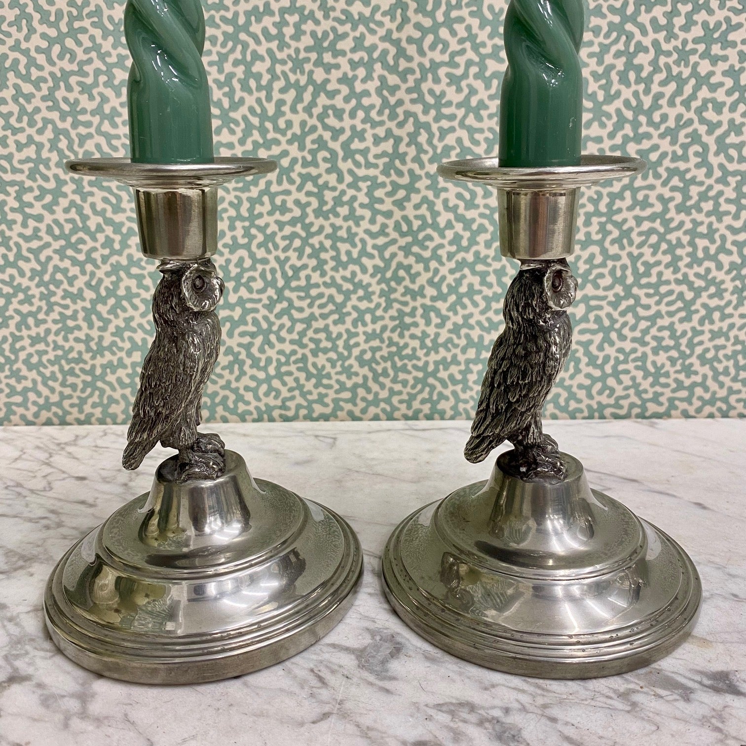 A Rare Pair of Irish Pewter, Owl Candlesticks