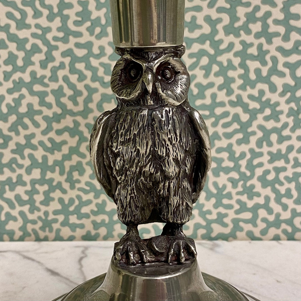 A Rare Pair of Irish Pewter, Owl Candlesticks
