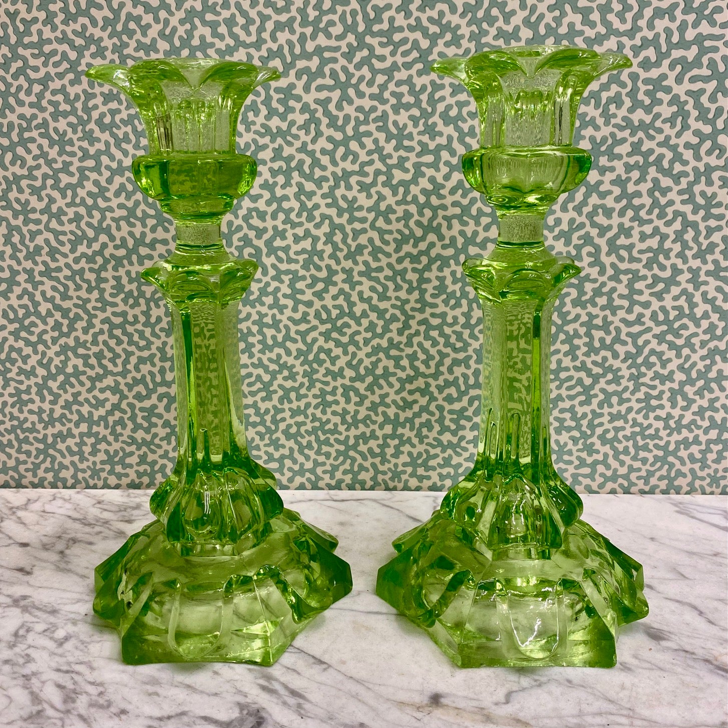 Pair Victorian Uranium Green Glass Candlesticks