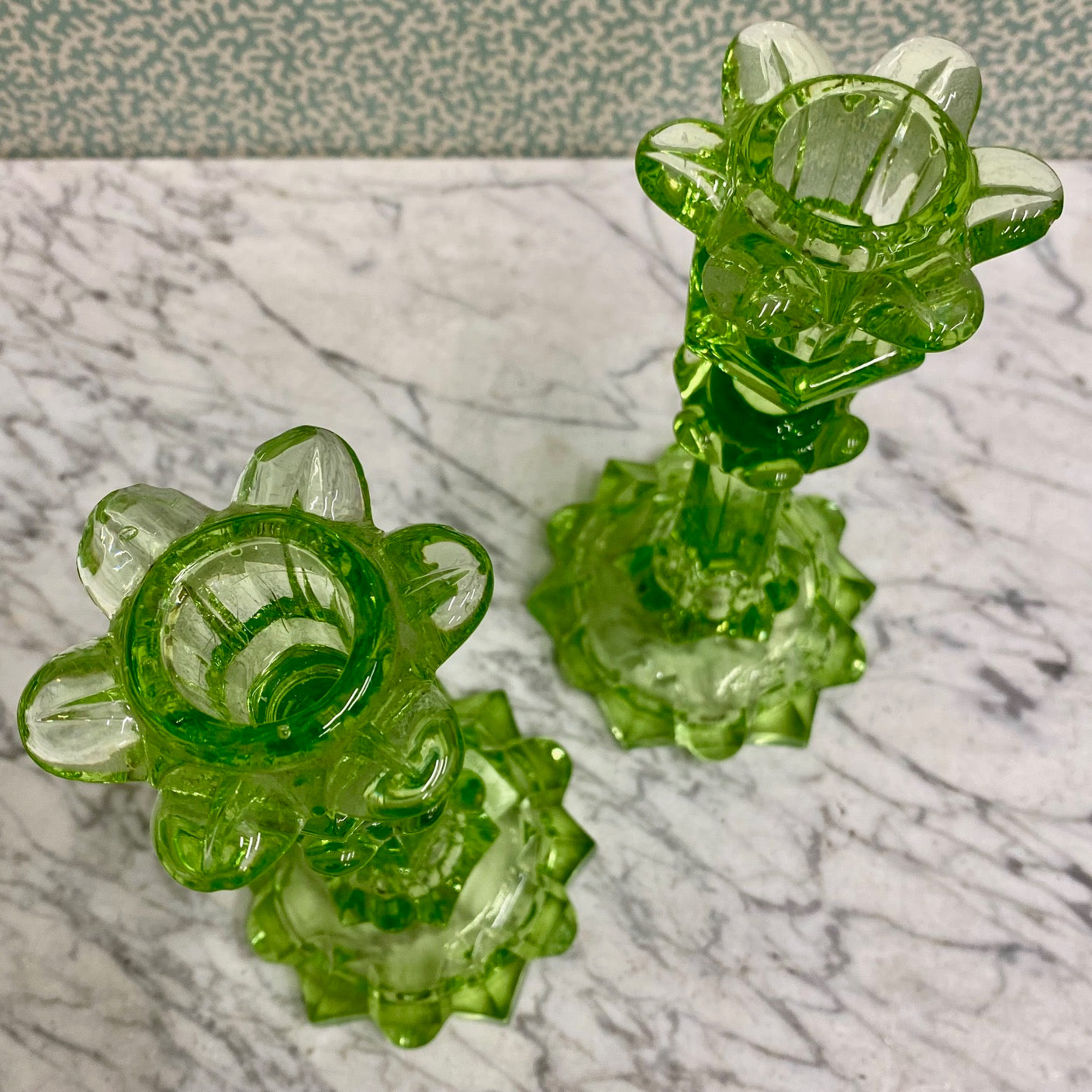 Pair Victorian Uranium Green Glass Candlesticks