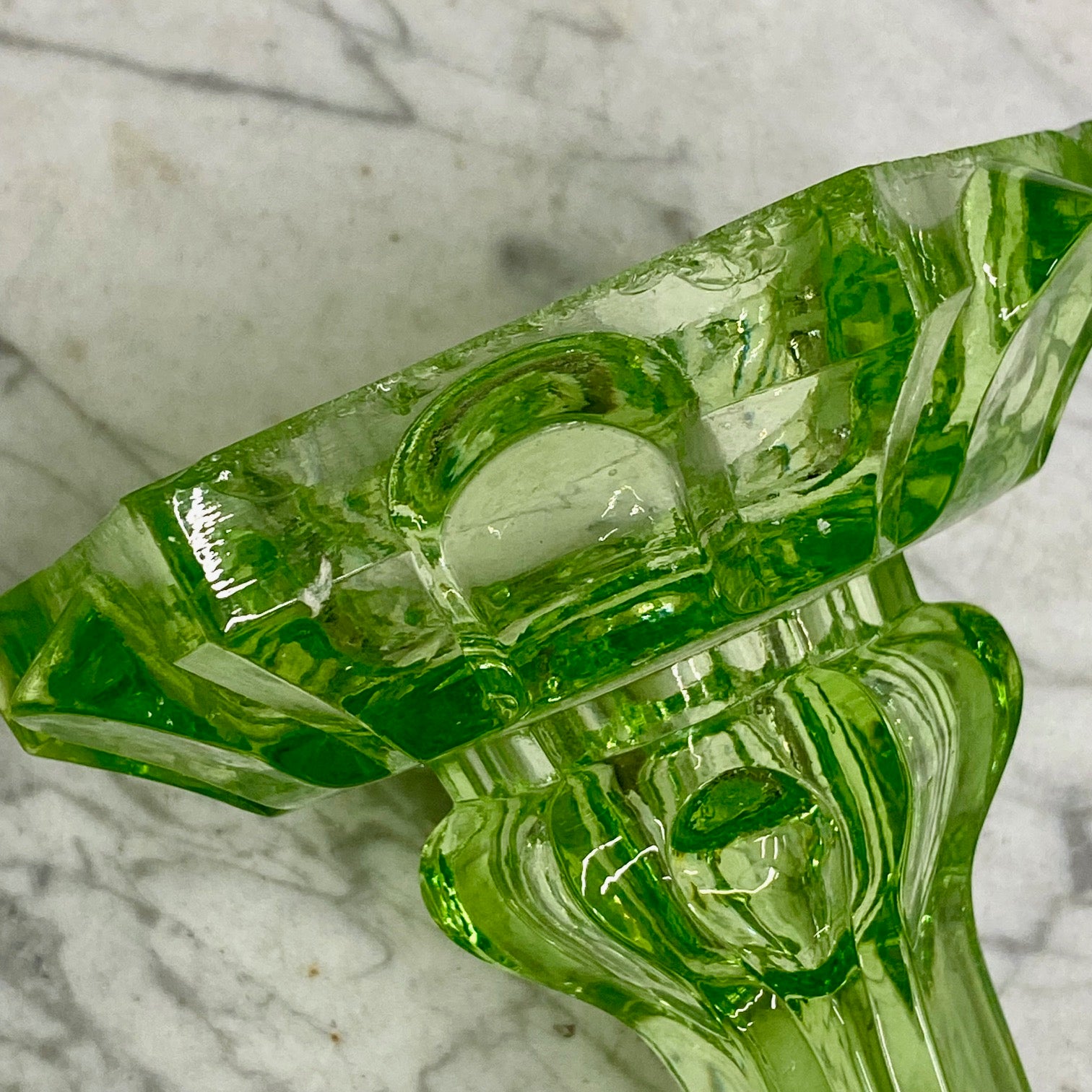 Pair Victorian Uranium Green Glass Candlesticks