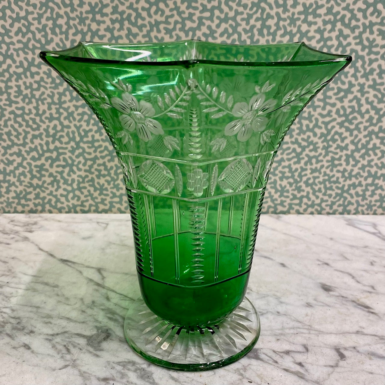English Webb Crystal Green Overlay Vase