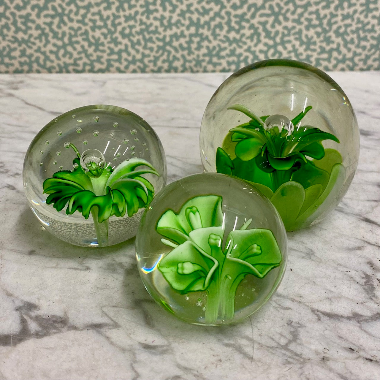 Trio Vintage Green Glass Paperweights