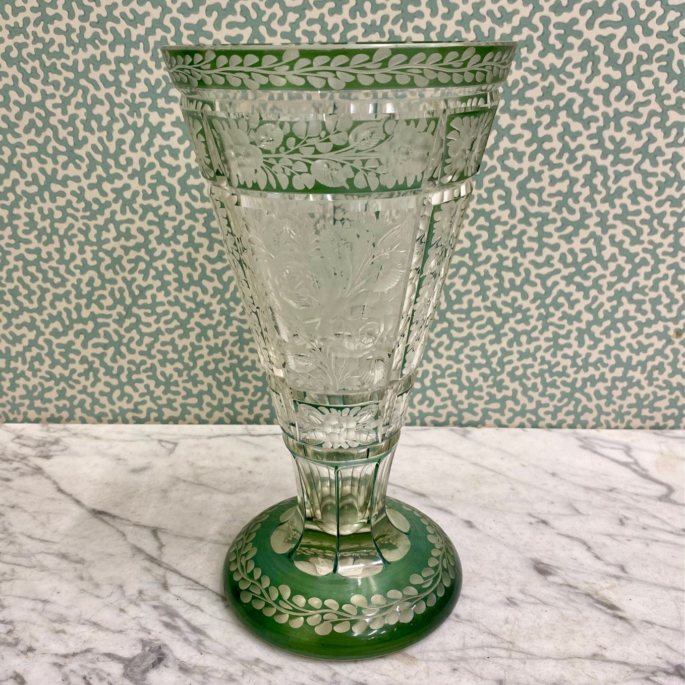 Beautiful Antique Green Etched Glass Vase